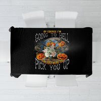 Black Halloween tablecloth with centered skull pumpkin artwork and spooky text