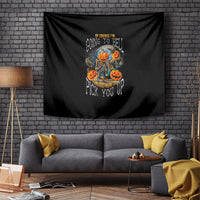 Black Halloween tapestry featuring skull pumpkin character with orange pumpkins and blue flames