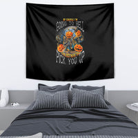 Black Halloween tapestry with skull pumpkin character graphic in orange and blue, text