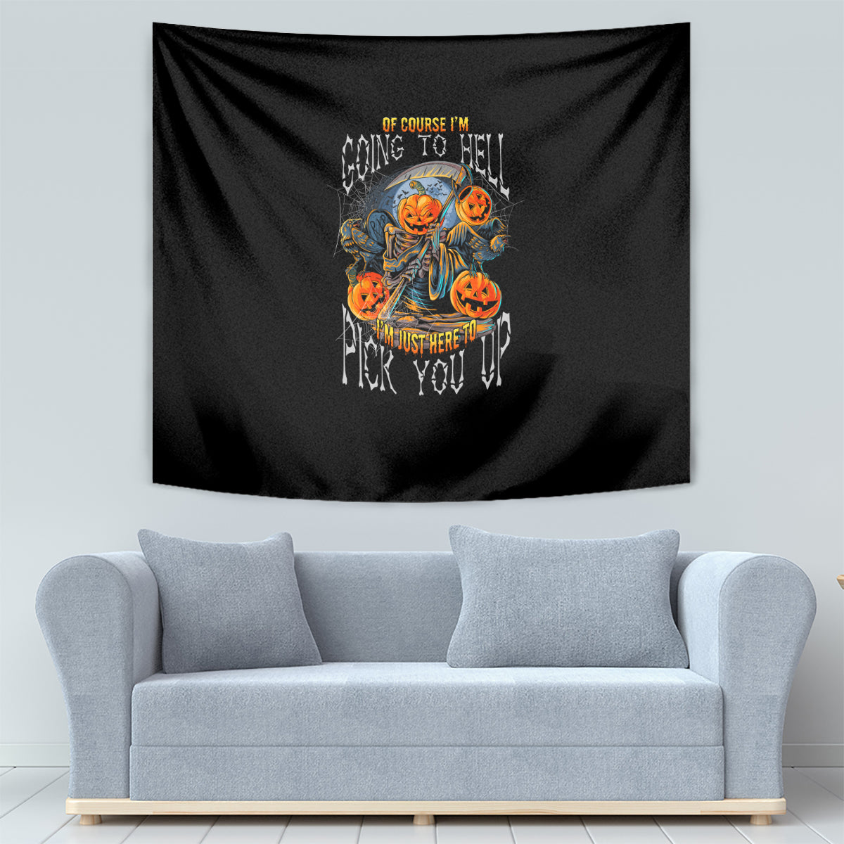 Black Halloween tapestry with centered skull pumpkin character and dripping text graphic
