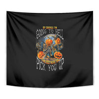 Black Halloween tapestry close-up of skull pumpkin character artwork with orange pumpkins