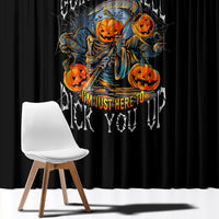 Black Halloween window curtain set with skeleton pumpkin skull graphic on both panels