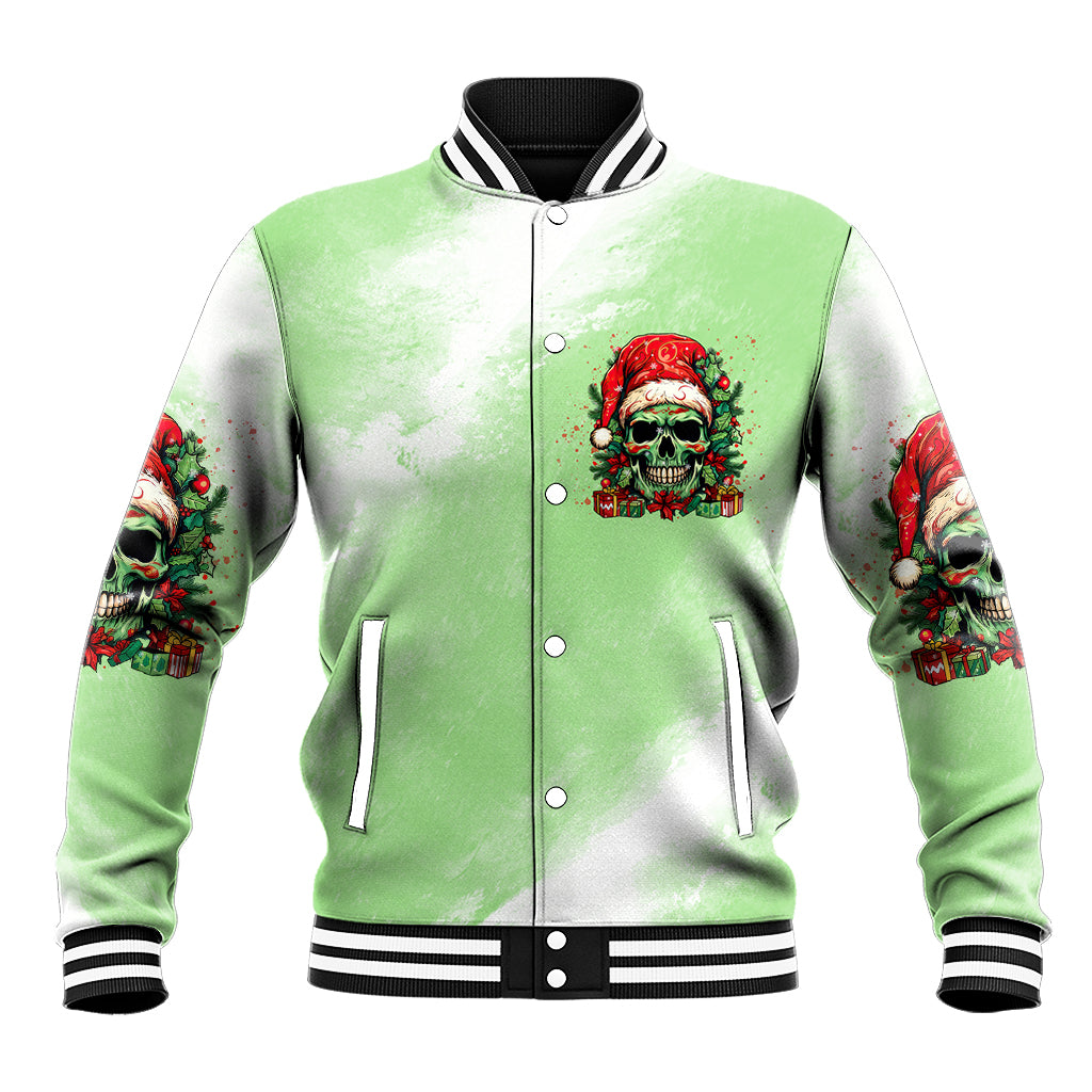 Unisex green varsity baseball jacket with front button placket and skull holiday graphic