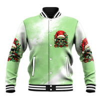Unisex green varsity baseball jacket with front button placket and skull holiday graphic