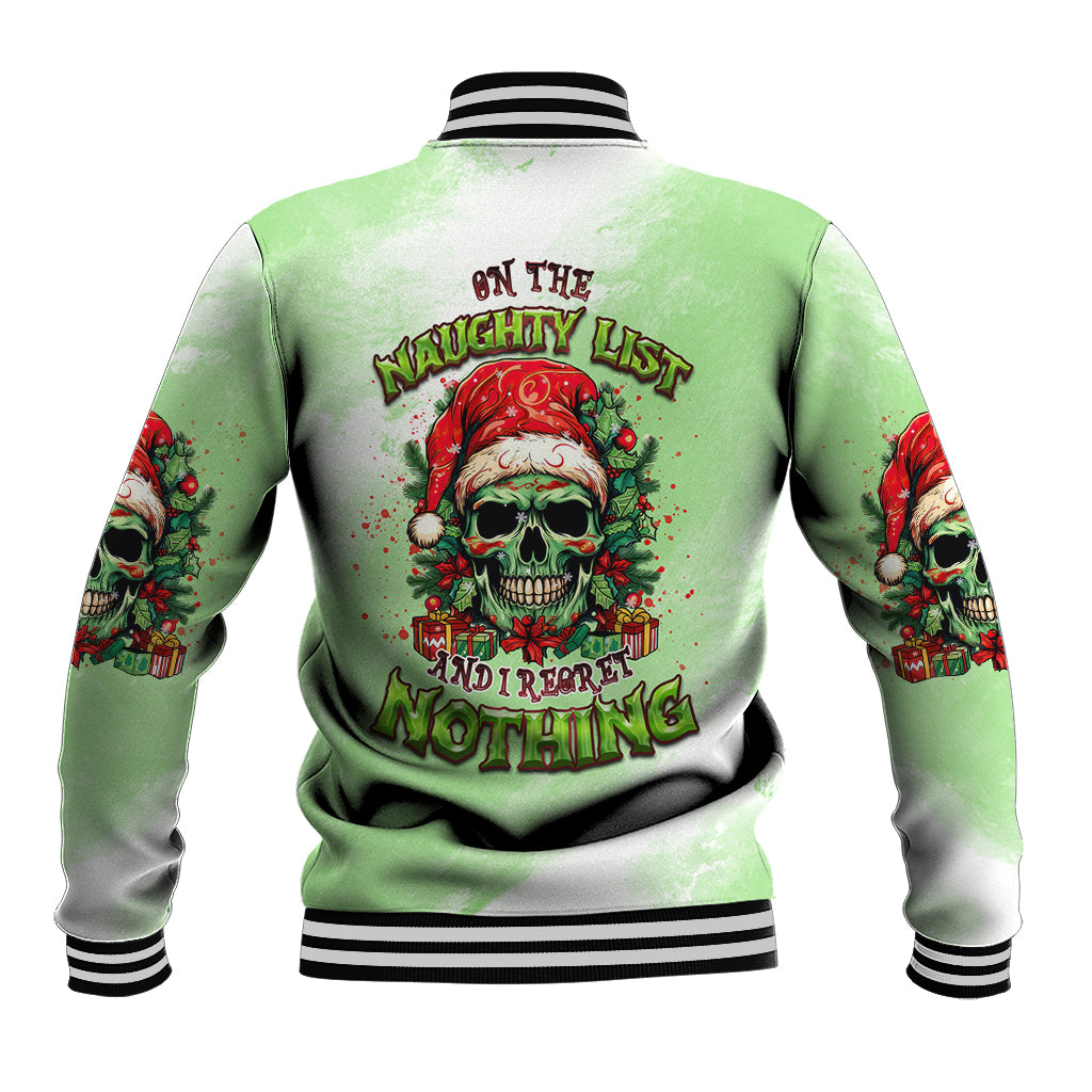 Unisex green baseball jacket with skull graphic, ribbed striped collar and cuffs