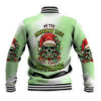 Unisex green baseball jacket with skull graphic, ribbed striped collar and cuffs