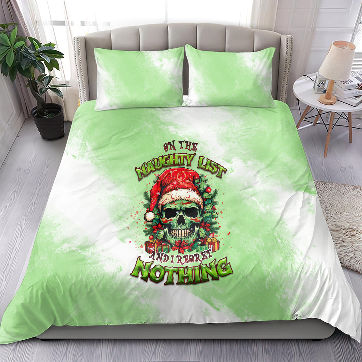 Christmas bedding set with green and white duvet and skull Santa graphic, 2 matching pillows