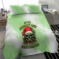 Christmas bedding set with green/white duvet, skull Santa print, and two matching green pillows