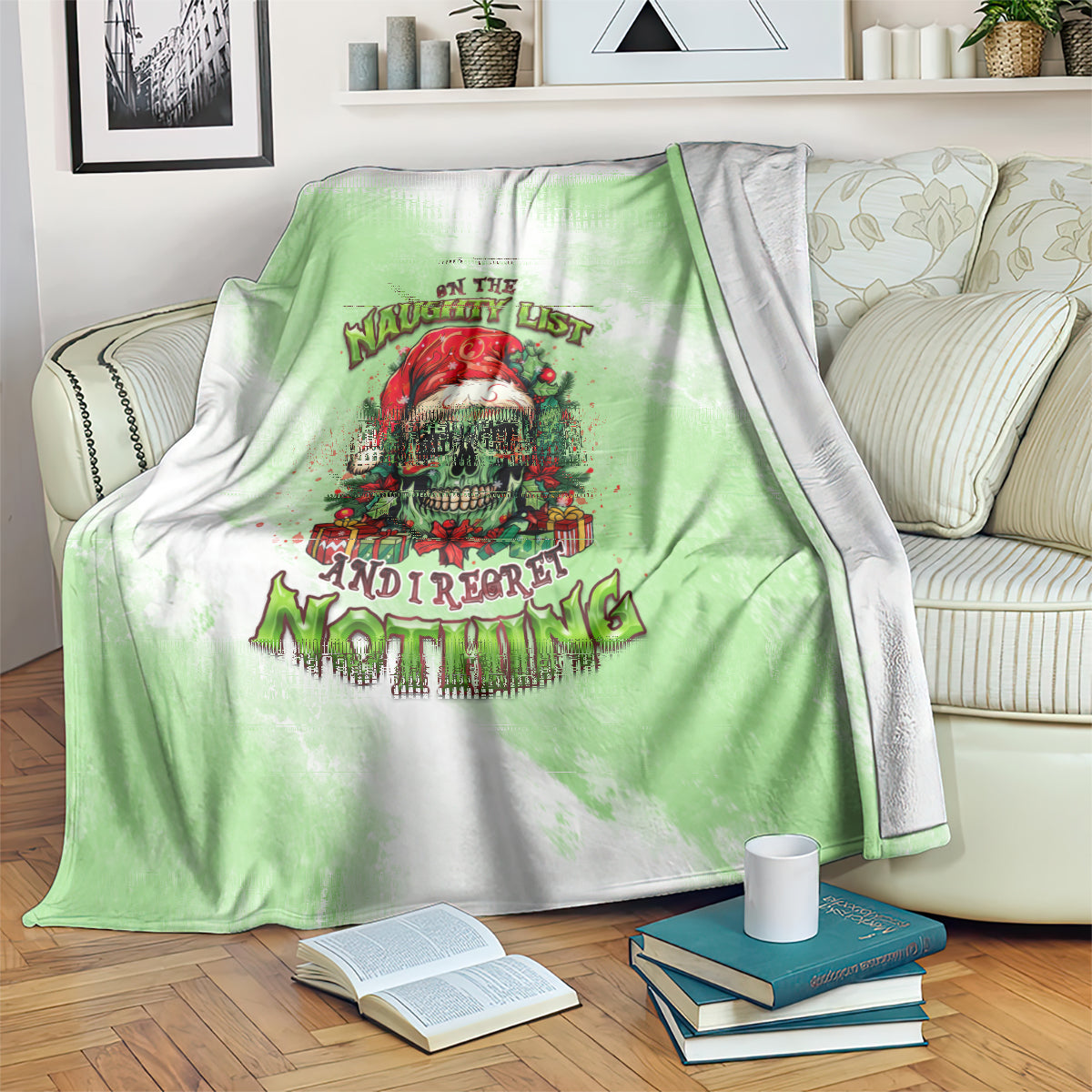 Christmas throw blanket with green-and-white panels, skull Santa graphic with festive lettering
