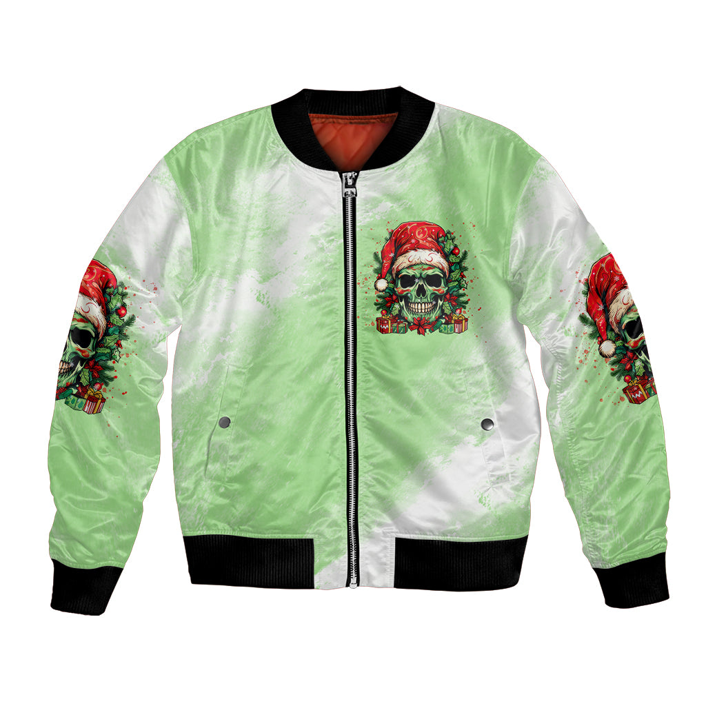 Unisex bomber jacket with light green satin, front zip, and skull Christmas graphic