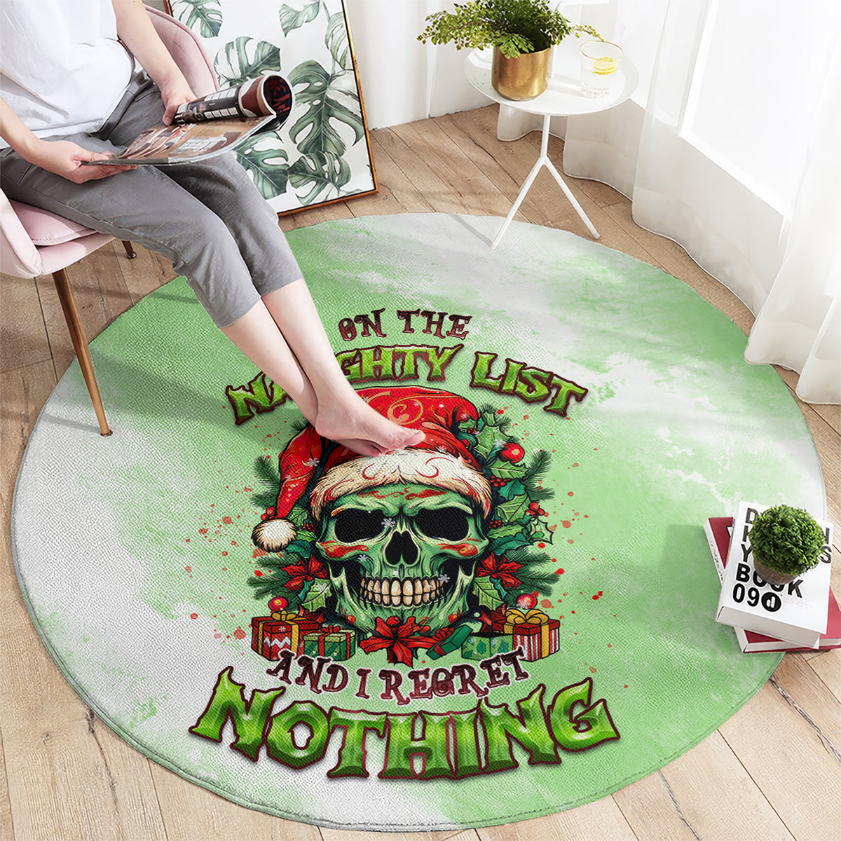 Round green Christmas rug with skull graphic and bold “Naughty List” text