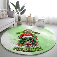 Round green Christmas rug with skull illustration and “Naughty List” holiday message