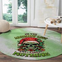Round green Christmas rug with skull graphic and “Naughty List” text centered