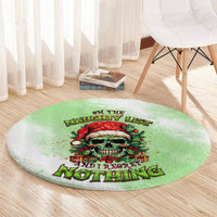 Round green Christmas rug showing skull artwork with “Naughty List” lettering