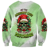 Unisex green Christmas sweatshirt with skull wearing red hat and 'Naughty List' graphic
