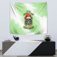 Green and white Christmas tapestry with centered skull Santa artwork