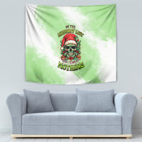 Green Christmas wall tapestry with skull Santa graphic and 'Naughty List' text