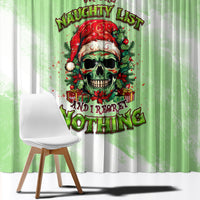 Green Christmas window curtain with colorful skull and wreath graphic, hanging for windows.