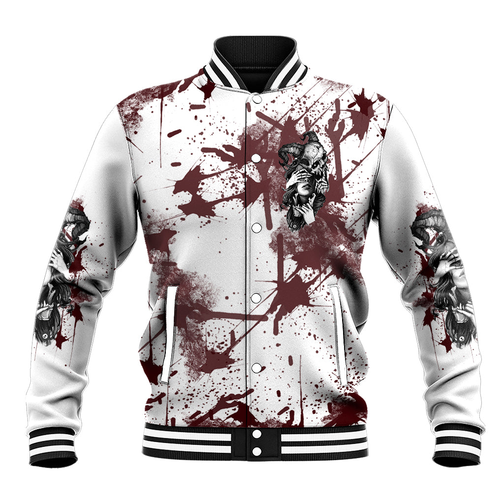 Unisex skull baseball jacket, white with maroon splatter front and snap-button placket