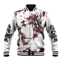 Unisex skull baseball jacket, white with maroon splatter front and snap-button placket