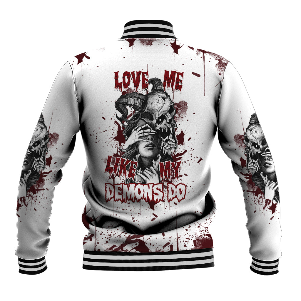 Unisex skull baseball jacket, white with red graphic and striped ribbed collar and cuffs