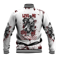 Unisex skull baseball jacket, white with red graphic and striped ribbed collar and cuffs