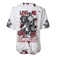 Skull baseball jersey in white with maroon splatter, front graphic and raglan sleeves