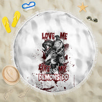 Round beach blanket (top view), white with red/black skull-girl text graphic, fringed edge