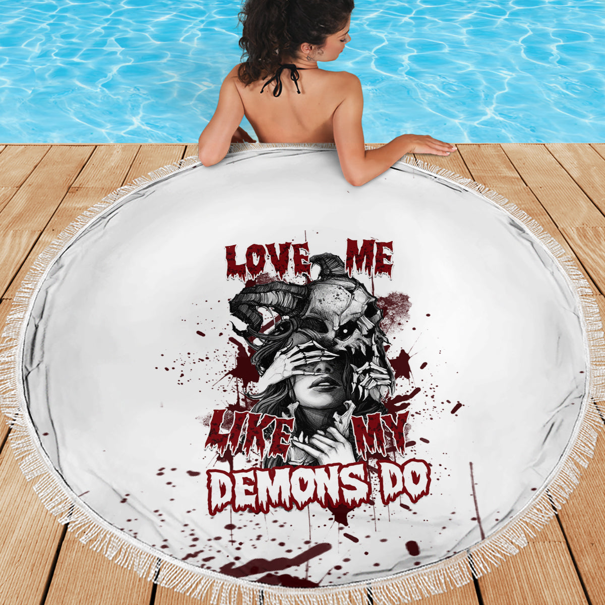 Round beach blanket, white with central red/black skull-girl portrait graphic, fringed border