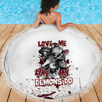 Round beach blanket, white with central red/black skull-girl portrait graphic, fringed border
