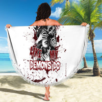 Round beach blanket, white with red/black skull-girl portrait design, fringed border