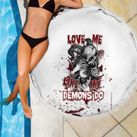 Round beach blanket, white with red/black skull-girl portrait graphic, fringed edge