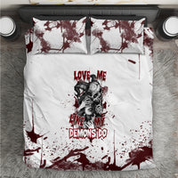 Skull bedding set with two matching pillows; white fabric with burgundy ink-splatter.