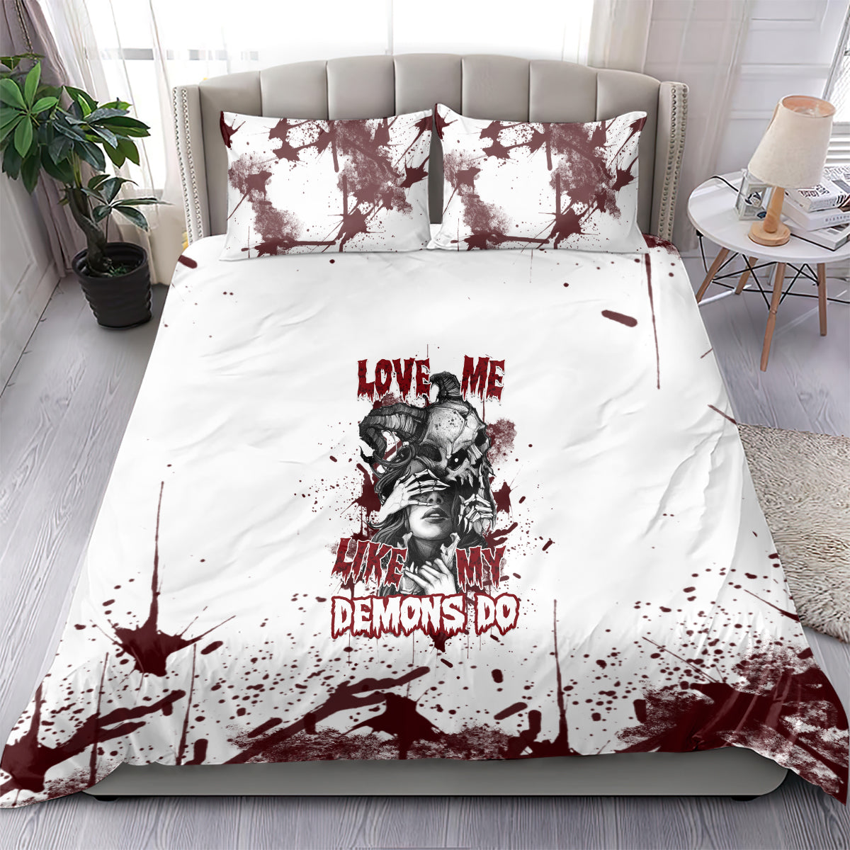 Skull bedding set: white cover with burgundy splatter and central skull graphic.