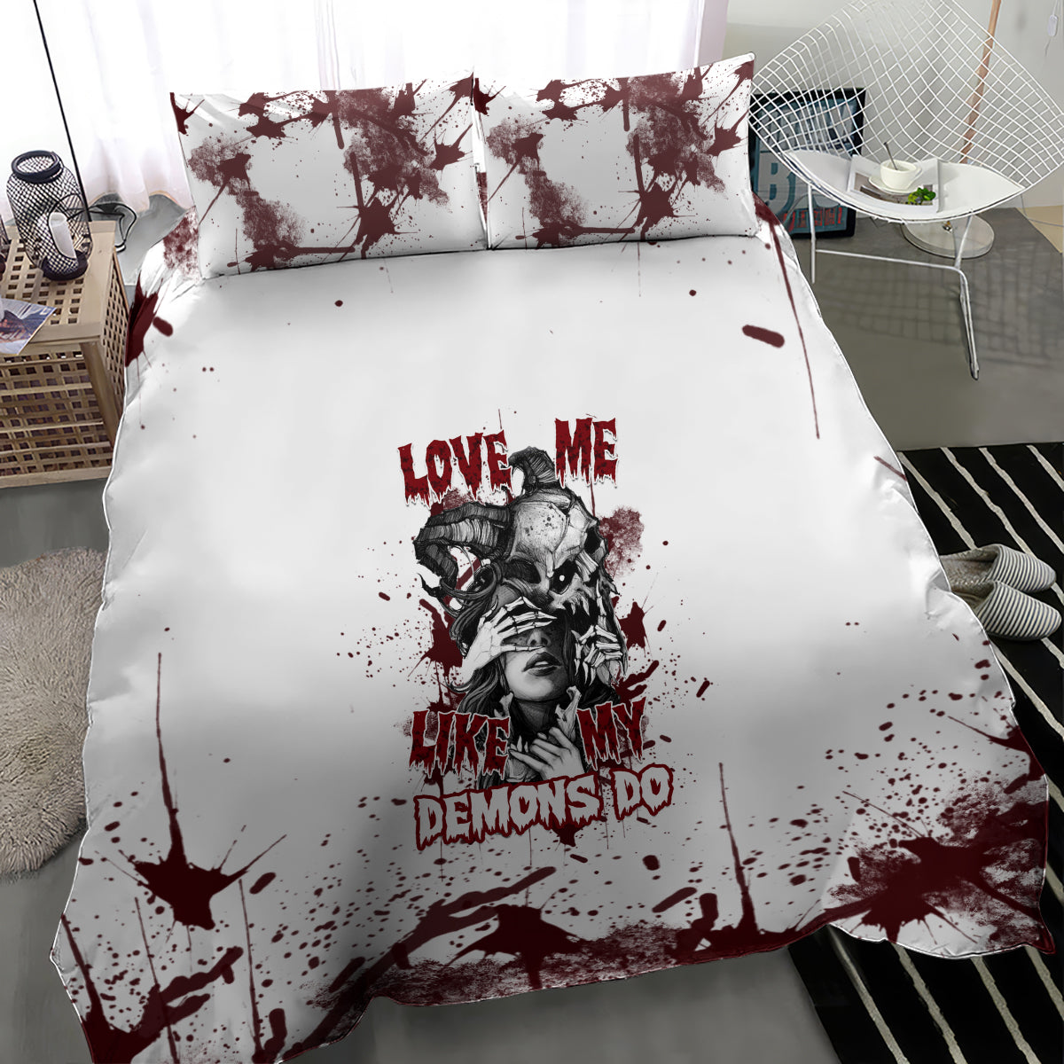 Skull bedding set with duvet and pillows; white base with burgundy paint-splatter art.