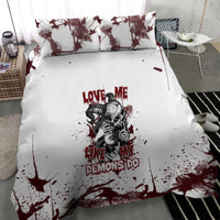 Skull bedding set with duvet and pillows; white base with burgundy paint-splatter art.