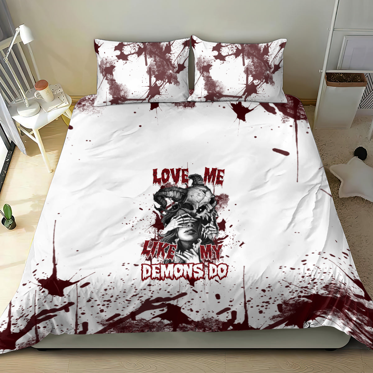 Skull bedding set with duvet and pillows; white with burgundy splash design and text.