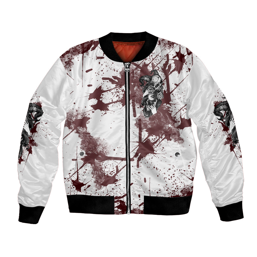 White bomber jacket with front zipper, skull patch, and maroon paint-splatter design