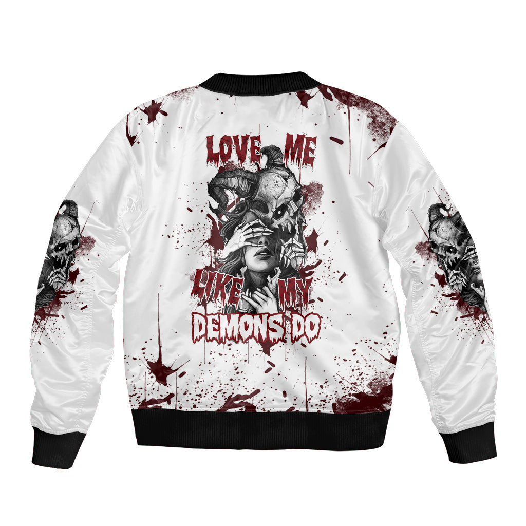 White bomber jacket with skull graphic, red text, and black ribbed collar and cuffs