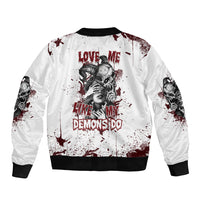 White bomber jacket with skull graphic, red text, and black ribbed collar and cuffs