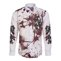 White long sleeve button shirt with skull illustration, dark speckle splatter, front