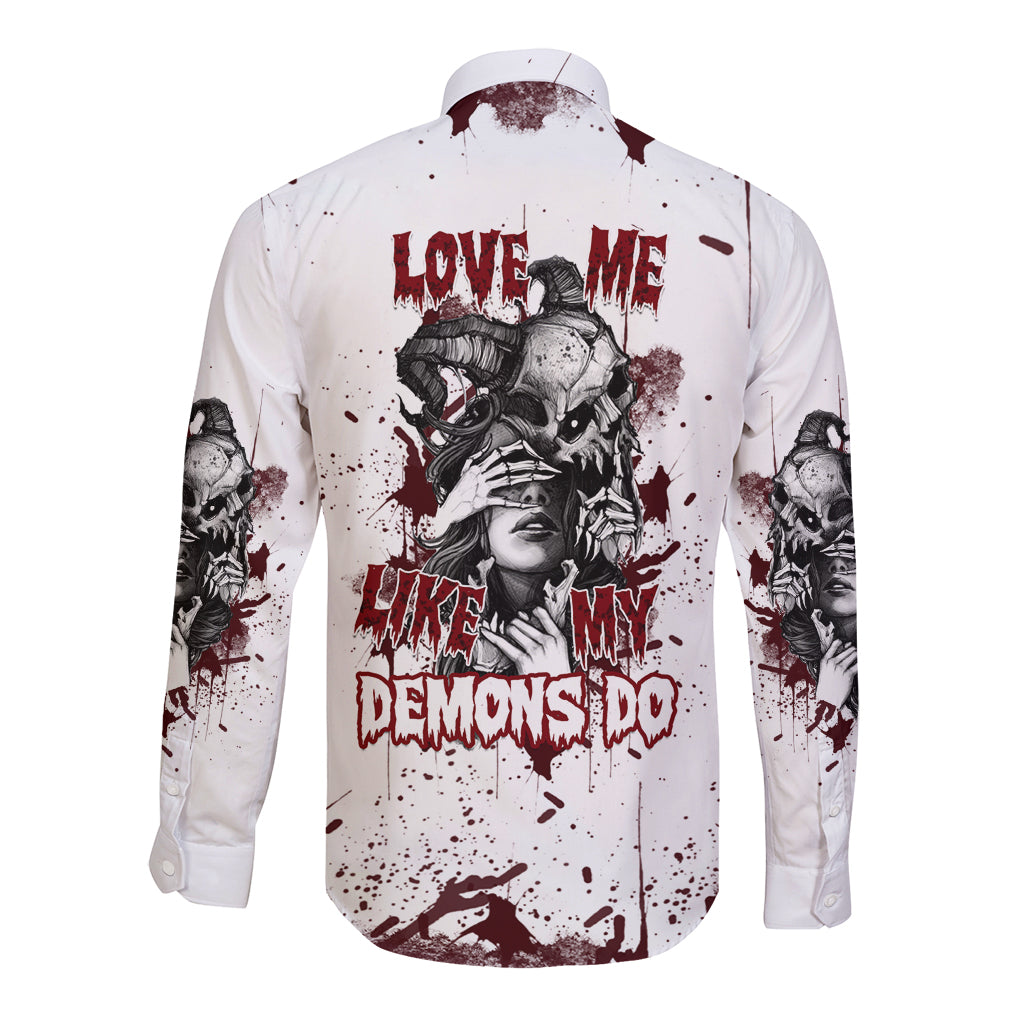 White long sleeve button shirt with skull demon graphic and red text on back