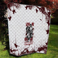 Skull-themed quilt blanket, white with dark red splashes, quilted diamond stitching