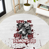 Round white skull graphic rug with red 'Love Me' text and black-gray portrait, splatter