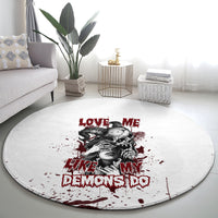 Round white portrait skull rug with red lettering 'Like My Demons Do', splatter design