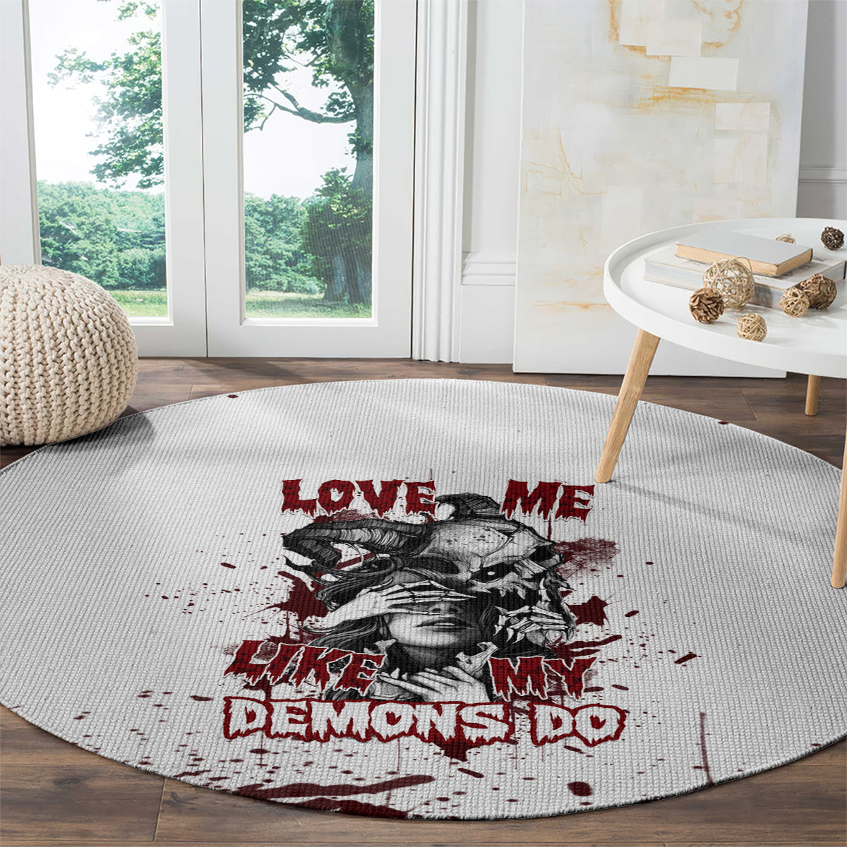 Round white demonic skull rug with red and black 'Love Me' lettering, splash details