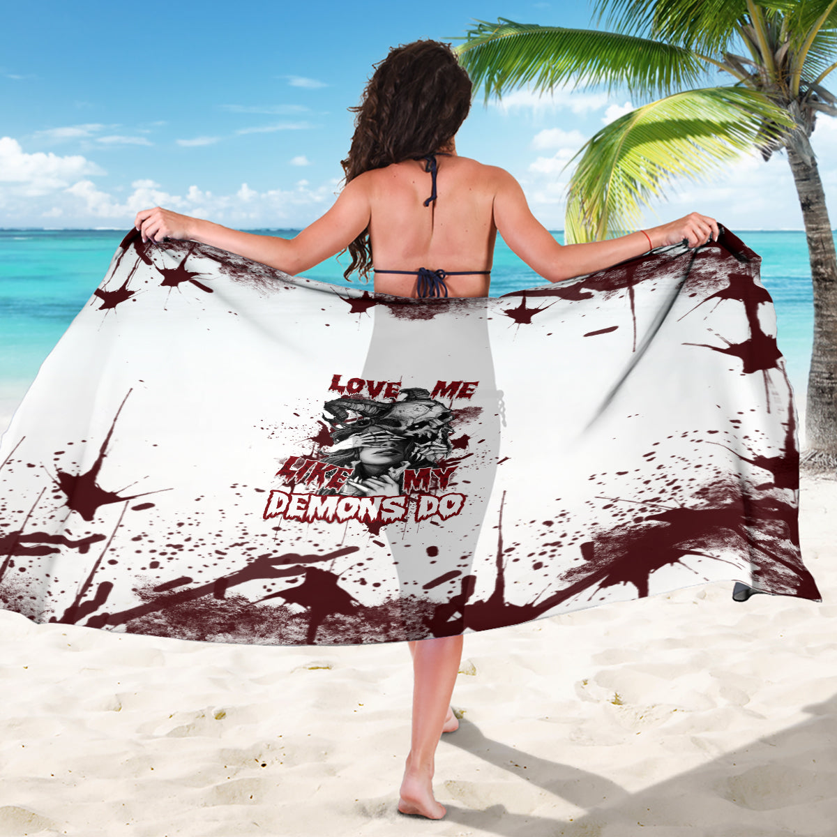 Skull print sarong, white fabric with dark red splatter, fringe-free beach wrap