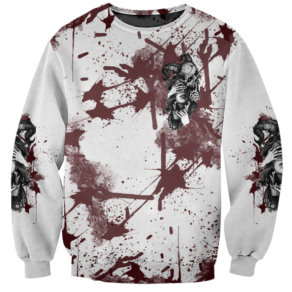 Unisex skull portrait sweatshirt, white with maroon/red paint splatter and side sleeve graphics