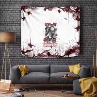 Skull-themed wall tapestry with maroon paint splashes and centered gothic illustration