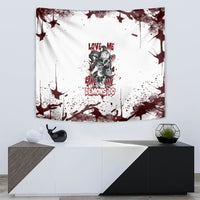 Skull artwork wall tapestry with maroon splashes and dark text accents on white